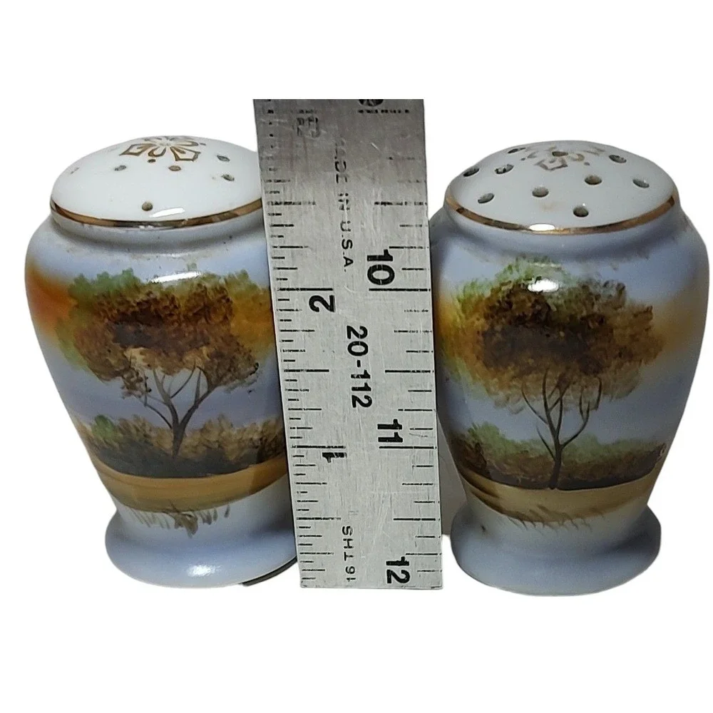 Vintage Salt and‎ Pepper Shakers Hand Painted Nature Scene Tree Sunset Japan